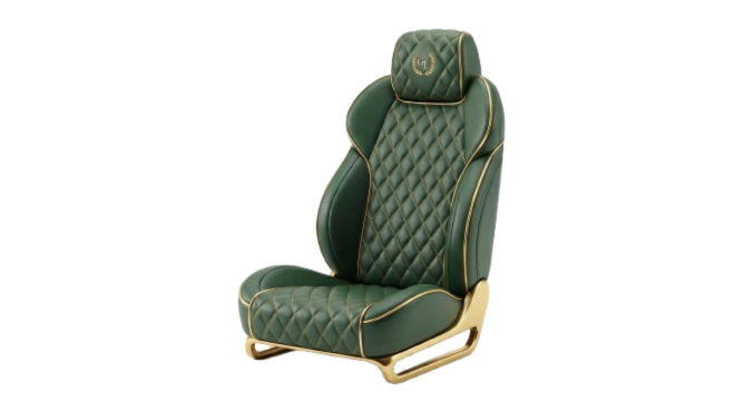 A sophisticated 3D icon of a comfortable, luxury golf cart seat in quilted leather style, rendered in gold and dark green. Symbolizing comfort and relaxation. Minimalist, premium travel magazine style. High resolution, white background.