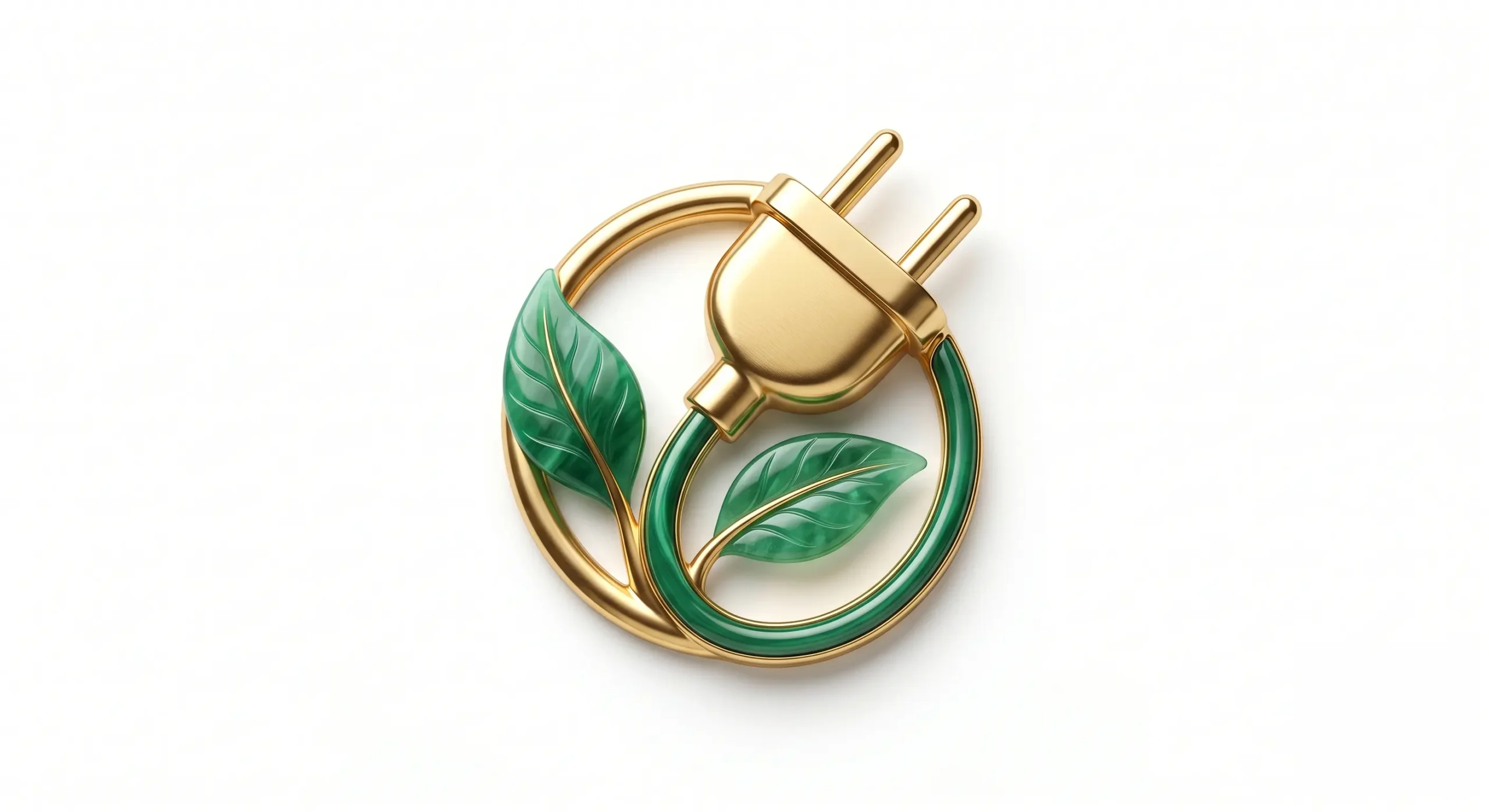 A luxury 3D icon of a stylized golden electric plug intertwined with a delicate green leaf
