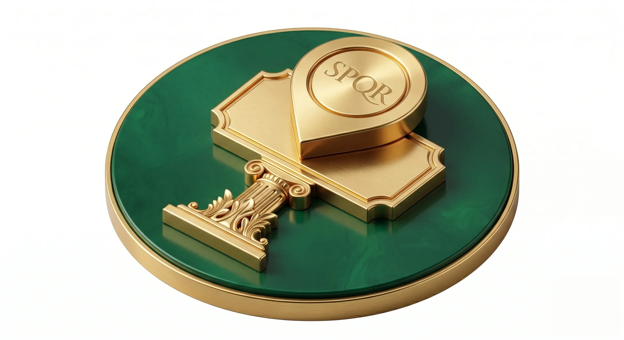 A premium 3D isometric icon of a classic golden Roman street sign showing a map pin, set against a deep emerald green circular background